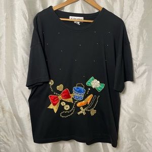 Plus Size VTG 90’s Black Gold Beaded Shoe Necklace Makeup Embroidered Blouse Tee